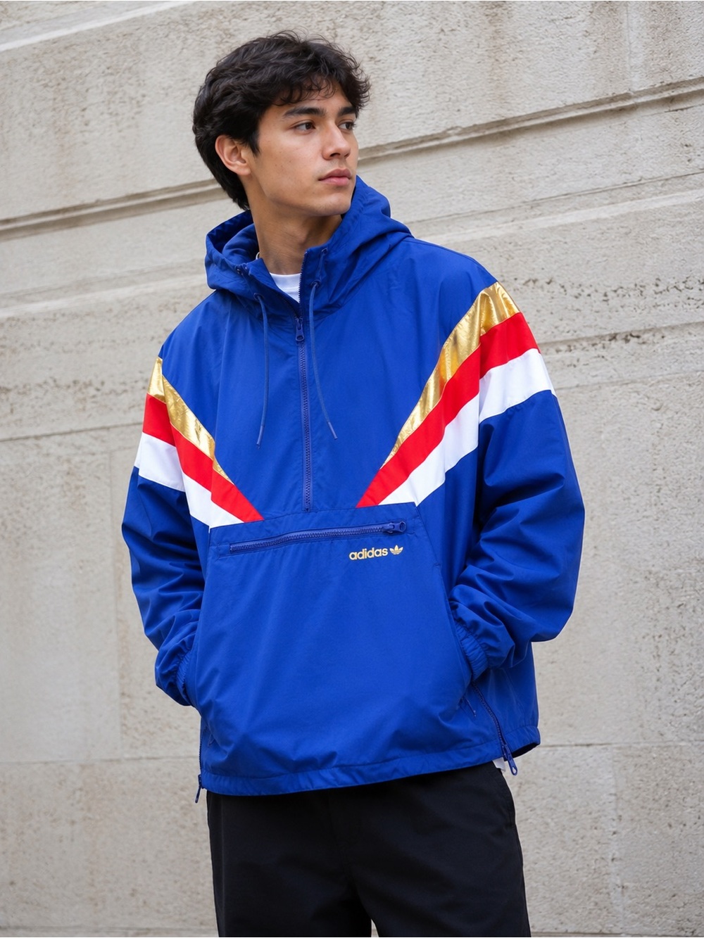 adidas Blue Hooded Windbreaker with Red, White & Gold Chevron Accents